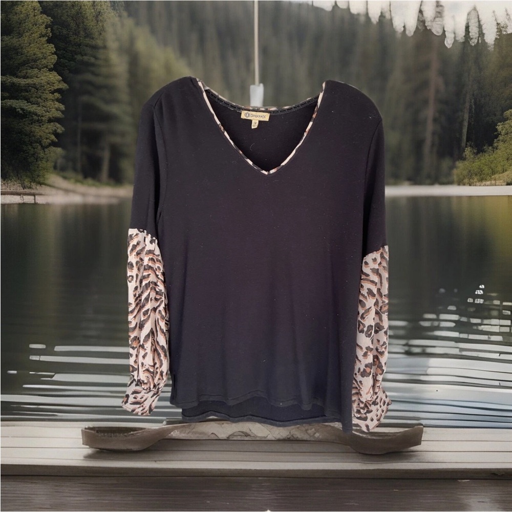 Womens sz Med Democracy Boho Church Blouse Top Balloon Sleeve Leopard Black EUC